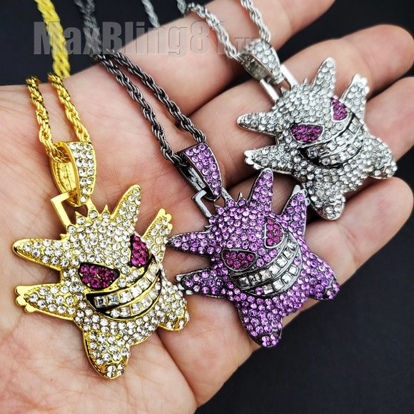 Hip Hop Iced Cubic Zirconia Bling Gengar Pendant & 3mm 24" Rope Chain Necklace - Picture 2 of 4